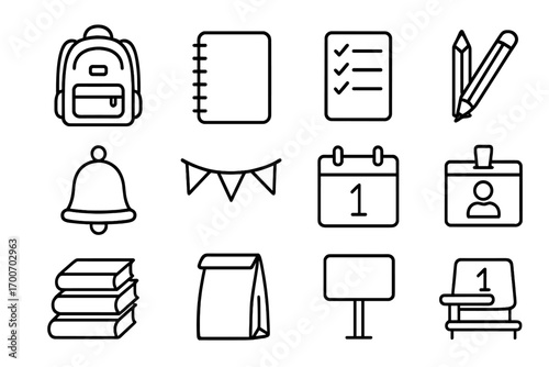 Back-to-School Icons. Line style icons of back-to-school designs: packed backpack, fresh notebook, school checklist, sharpened
