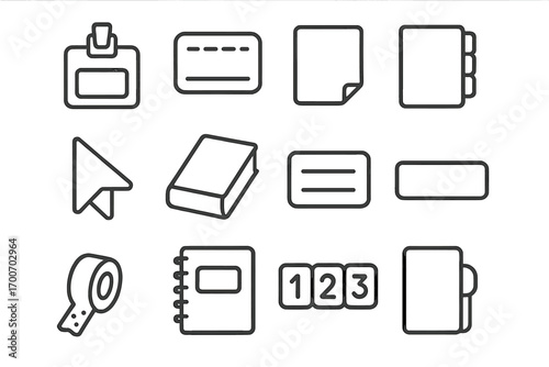 School Label Icons. Line style icons of school labels and tags: name tag, subject label, index sticker, color-coded tab; page