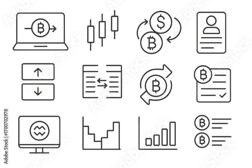 Crypto Exchange Icons. Line style icons of crypto exchanges: exchange platform, candlestick chart, trading pair, buy/sell buttons;
