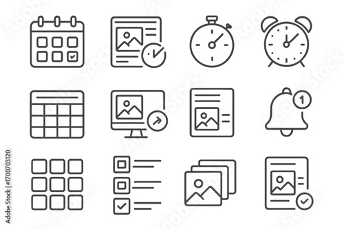 Planning Icons Overview. Line style icons of scheduling and planning: content calendar, scheduled post, timer icon, alarm clock;