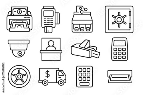 Banking Icons Collection. Line style icons of banking equipment: cash counter, card reader, coin sorter, bank safe; security