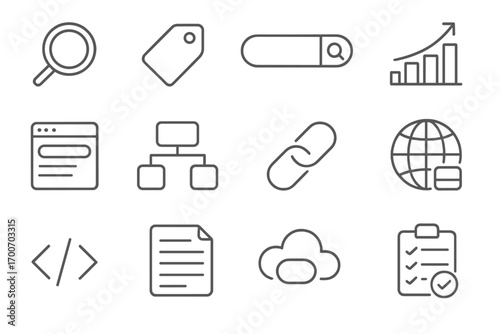 SEO Icon Collection. Line style icons of SEO and search marketing: magnifying glass, keyword tag, search bar, rank chart; organic