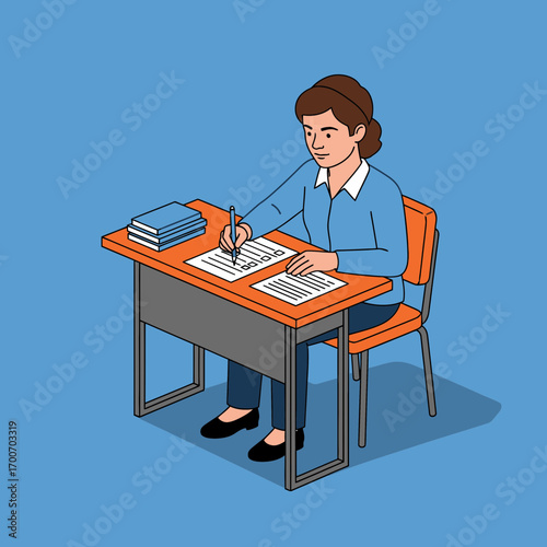 Person sitting at desk writing on paper with pen