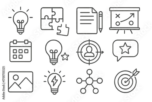 Creative Strategy Icons. Line style icons of creative strategy: idea bulb, campaign puzzle, creative brief, strategy board;