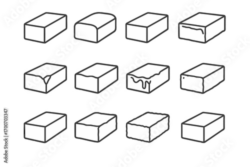 Brick Edge Icon Styles. Line style icons of brick edge finishes: smooth bevel edge, rounded brick face, sharp line cut, cracked