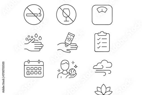Healthy Habits Icons. Line style icons of healthy habits: no smoking sign, crossed-out alcohol, healthy weight scale, drinking
