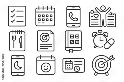 Routine Icons Collection. Line style icons of meaningful routine: to-do checklist, daily planner, scheduled call, exercise log;
