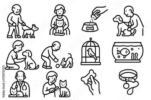 Icons_ Seniors and Pets. Line style icons of aging with pets: senior walking dog, cat on lap, feeding bowl, pet grooming; petting