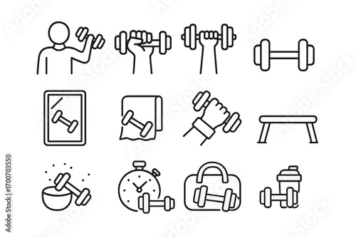 Dumbbell Icons Collection. Line style icons of dumbbells in use: person lifting dumbbell, hand gripping dumbbell, dumbbell above