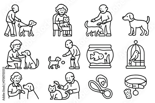 Icons_ Seniors and Pets. Line style icons of aging with pets: senior walking dog, cat on lap, feeding bowl, pet grooming; petting