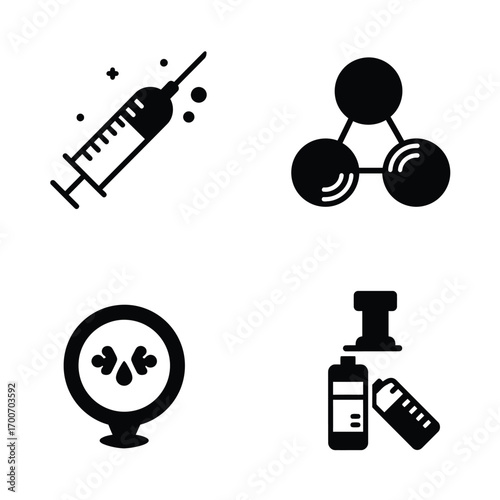Set of four medical and scientific icons including a syringe molecular structure location pin with arrows and medical vials for healthcare and research concepts
