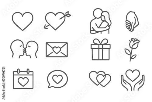 Icons of Love. Line style icons of love and affection: heart, heart with arrow, couple embracing, hand holding; kissing faces,