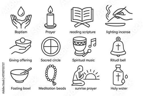 Spiritual Ritual Icons. Line style icons of spiritual rituals: baptism symbol, prayer candle, reading scripture, lighting incense;