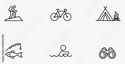 Outdoor Adventure Icon Set Featuring Hiking Biking Camping Swimming and Fishing