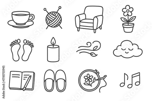 Gentle Lifestyle Icons. Line style icons of gentle lifestyle: tea cup, knitting, reading chair, blooming plant; walking barefoot,