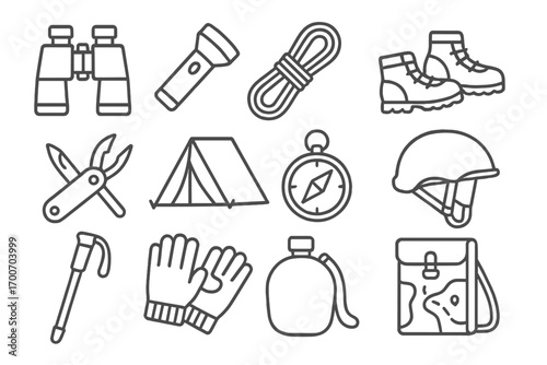 Exploration Gear Icons. Line style icons of exploration gear: binoculars, flashlight, climbing rope, hiking boots; multitool, tent