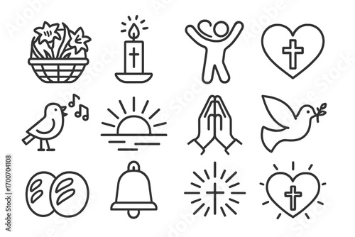 Easter Celebration Icons. Line style icons of Easter celebration symbols: basket of lilies, candlelight service, joyful figure,