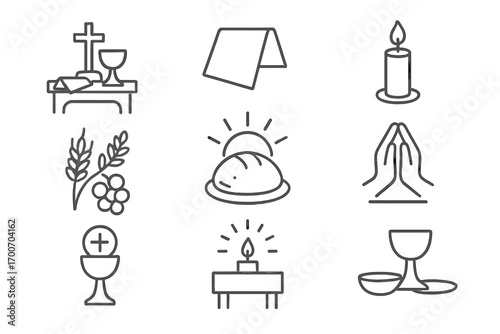 Holy Communion Icons. Line style icons of holy communion scene: altar with cross, chalice and plate, folded cloth, candle; wheat