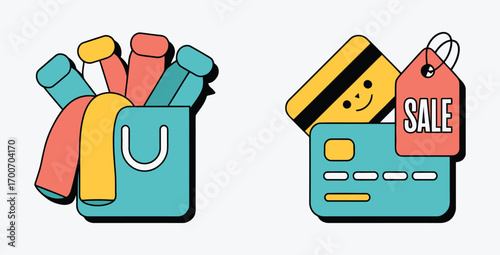 Online shopping illustration featuring bags clothes and credit cards icons