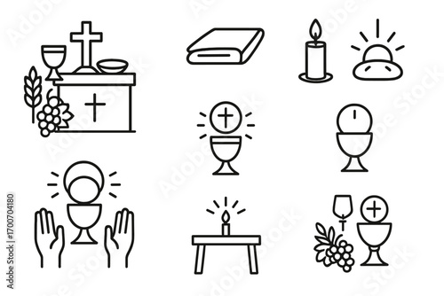 Holy Communion Icons. Line style icons of holy communion scene: altar with cross, chalice and plate, folded cloth, candle; wheat