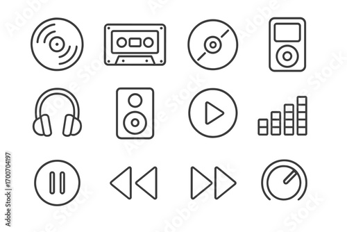 Minimal Music Icons. Line style icons of minimal music players: vinyl record, cassette, CD, MP3 player; headphones, speaker, play