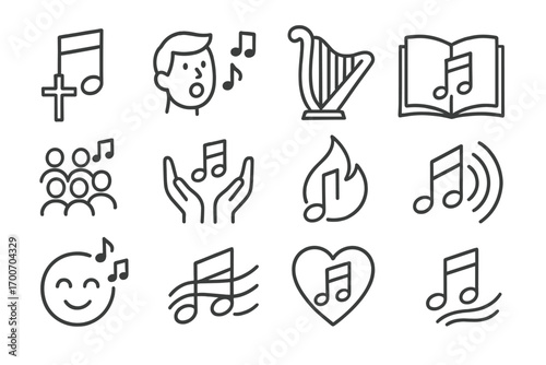 Spiritual Music Icons. Line style icons of spiritual music and worship: music note with cross, singing figure, harp, open hymnbook