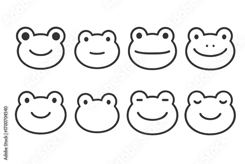 Minimal Frog Faces. Line style icons of minimal frog faces: round eyes frog, dot-eyed frog, tiny mouth frog, flat smile frog; frog
