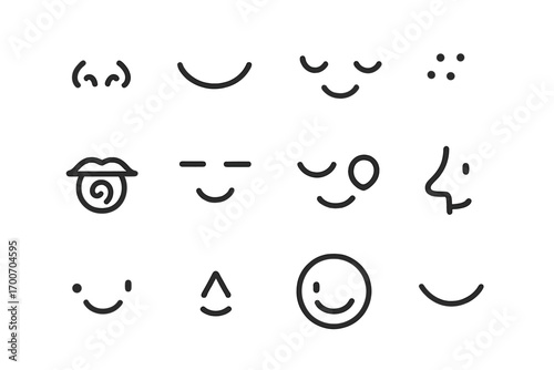 Minimalist Face Icons. Line style icons of tiny face details: nostrils only, mouth arc only, eyes and smile combo, cheek dots;