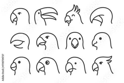 Expressive Bird Beaks. Line style icons of expressive beaks only: parrot beak closed, toucan beak half-open, cockatoo beak with