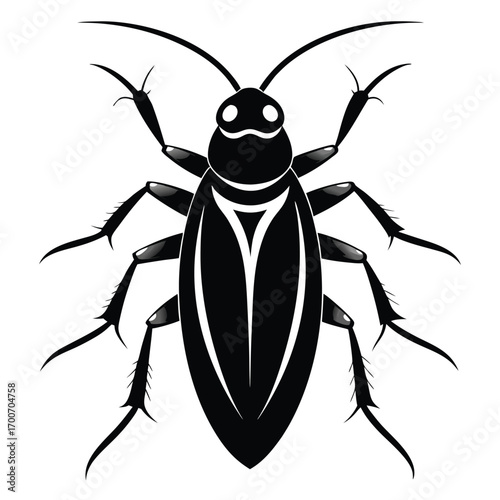 Black and White Insect Illustration Detailed Roach or Beetle Design with Prominent Antennae and Multiple Legs Depicting Crawling