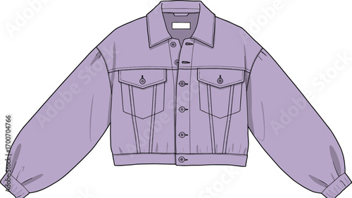 lavender cropped denim jacket, stylish outerwear, puff sleeve design, front buttoned jacket, modern casual wear, flat fashion sketch