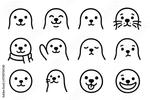 Seal and Sea Lion Icons. Line style icons of seal and sea lion heads: seal with dot nose, smiling seal, baby seal, seal with