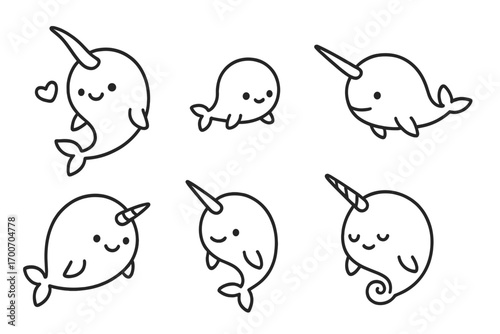 Cute Narwhal Line Icons. Line style icons of narwhal designs: narwhal with curved horn, smiling narwhal, tiny flippers, heart