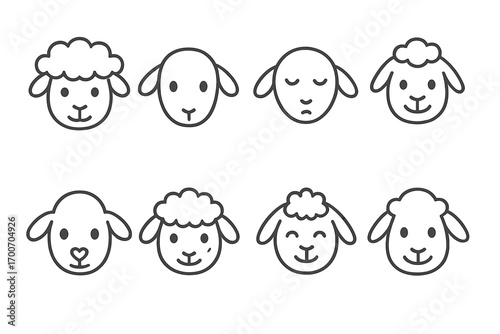 Cute Sheep Faces. Line style icons of cute sheep faces: fluffy sheep face, sheep with curved ears, sleepy sheep, smiling lamb;