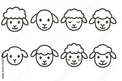 Cute Sheep Faces. Line style icons of cute sheep faces: fluffy sheep face, sheep with curved ears, sleepy sheep, smiling lamb;