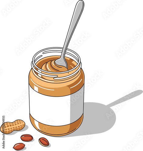 Minimal Peanut Butter Jar with Spoon and Scattered Nuts Vector Design