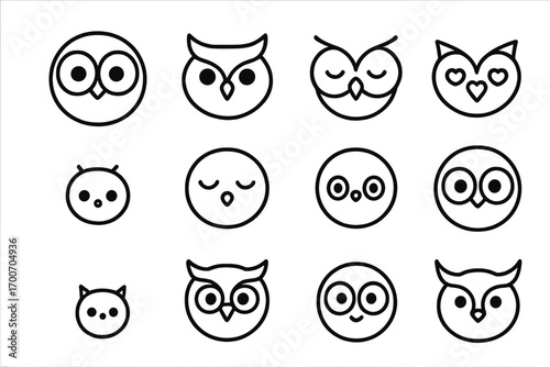 Cute Owl Icons. Line style icons of cute owl faces: round-eyed owl, owl with tufts, sleepy owl, owl with heart beak; tiny owl, owl