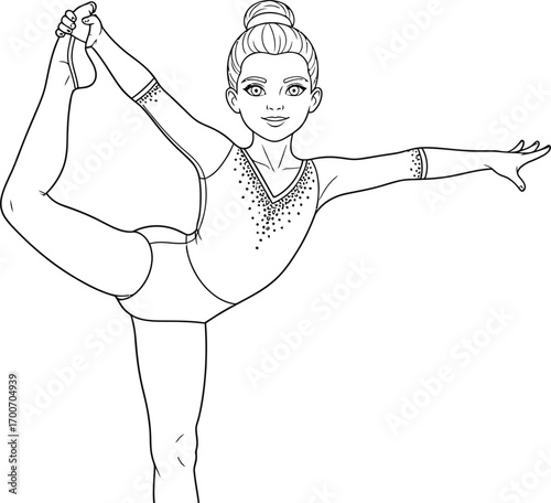 Young gymnast gracefully balancing in a dynamic pose, showcasing strength and flexibility.