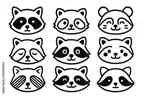 Cute Raccoon Faces. Line style icons of cute raccoon faces: raccoon with mask, baby raccoon, smiling raccoon, raccoon with round