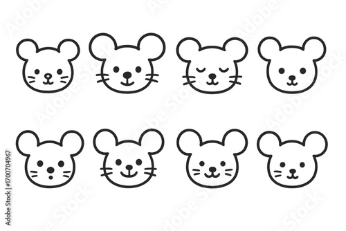 Cute Mouse Faces. Line style icons of cute mouse faces: baby mouse, round ear mouse, sleepy mouse, mouse with dot eyes; mouse with