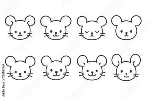 Cute Mouse Faces. Line style icons of cute mouse faces: baby mouse, round ear mouse, sleepy mouse, mouse with dot eyes; mouse with