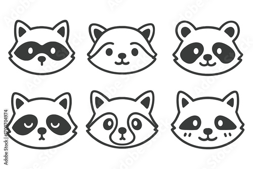 Cute Raccoon Faces. Line style icons of cute raccoon faces: raccoon with mask, baby raccoon, smiling raccoon, raccoon with round