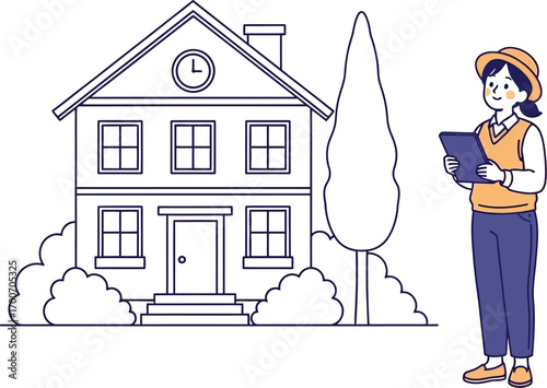 Young person in hat and vest holding tablet near house and tree, ready for outdoor activity