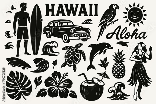 Retro black and white Hawaiian illustrations with surfer, palm trees, hula dancer, and tropical elements