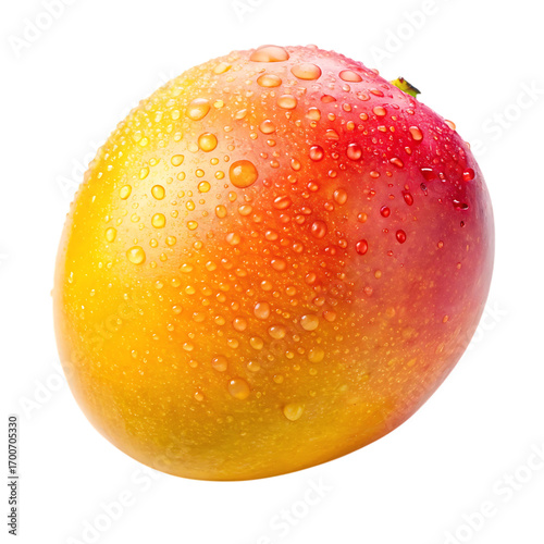 Juicy ripe mango covered in water droplets on black background