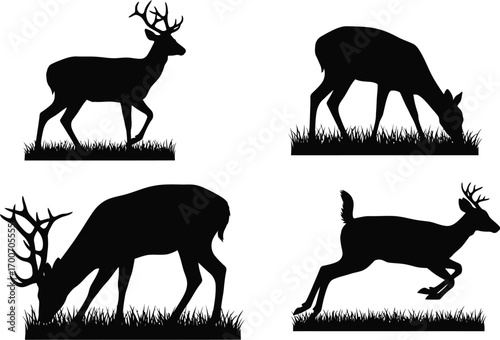 Elegant deer silhouettes showcasing graceful movement and natural grazing on a white background
