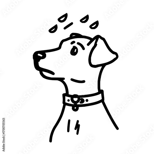 Dog in rain vector art illustration of cute puppy with collar in doodle style drawing for pet lovers design