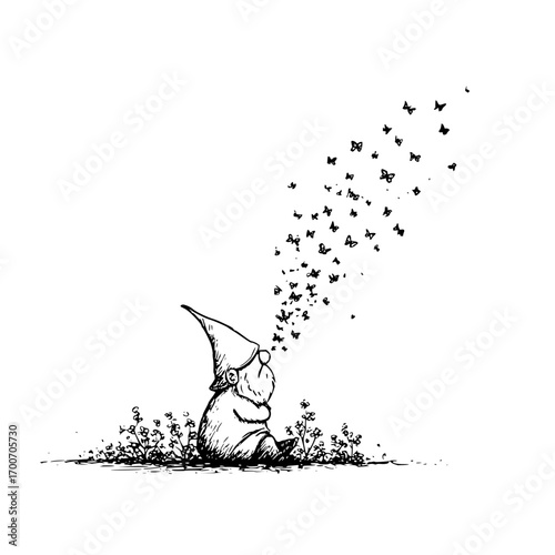 Gnome butterfly illustration whimsical art drawing magical garden fantasy sketch cute character design black and white ink drawing