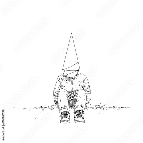 Sketch drawing of a person with a cone hat sitting alone in black and white illustration artwork design