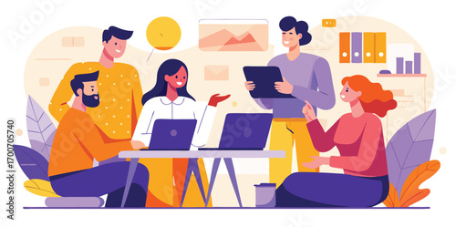 Business Team Brainstorm concept. Contemporary flat style abstract vector illustration of a group of diverse people at a desk leading a discussion with puzzle pieces above their heads.